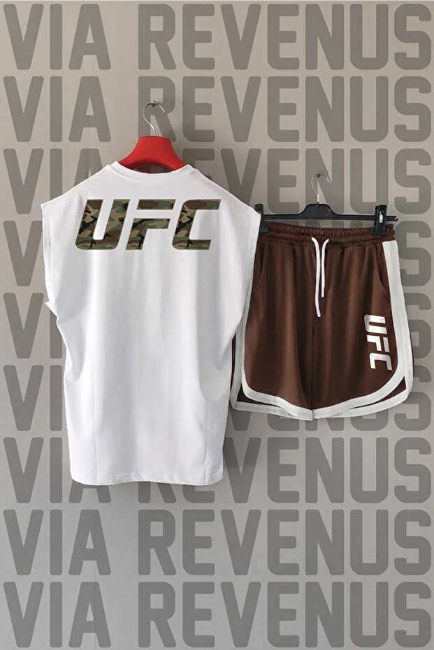Ufc Front and Back Printed Zero Sleeve Sports Tshirt and Brown Shorts Sports Set