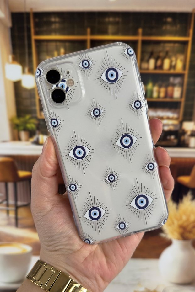 iPhone 11 Compatible Evileye Patterned Transparent Shock-Absorbing Clear Case with Camera Protection
