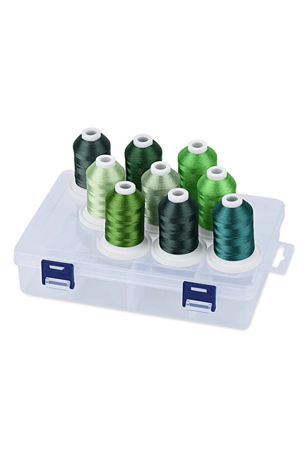 Embroidery Thread Set 9 Spools - 730 m, Multicolor, Storage Box, Green Tones - 1