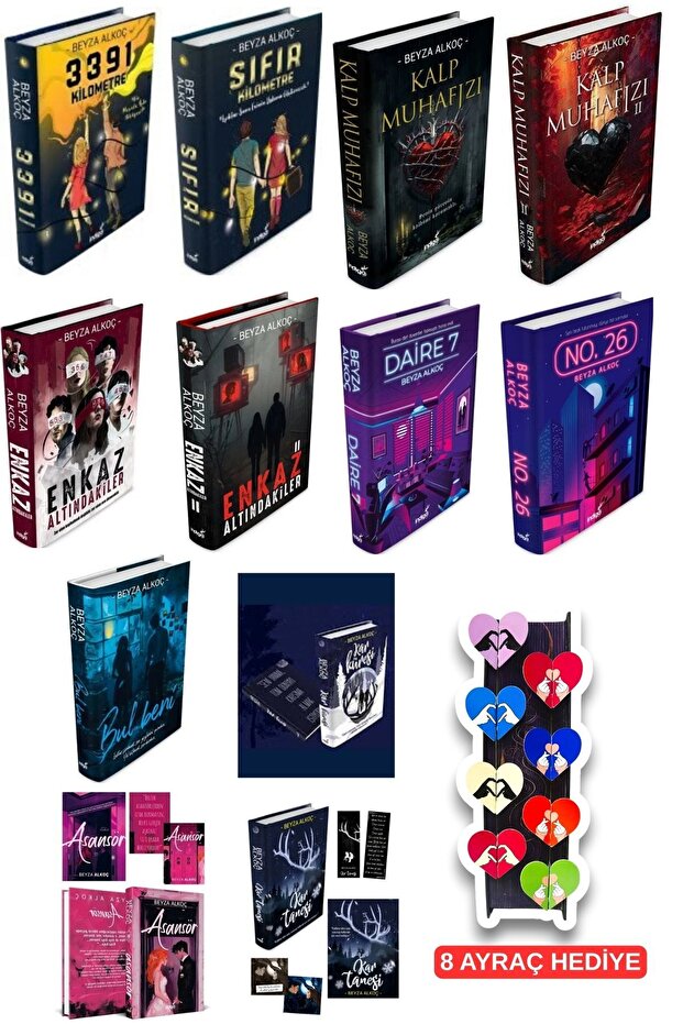 Beyza Alkoç 12 Kitap Set Ciltli -8'li Özel Tasarım Kalp Ayraç Hediyeli