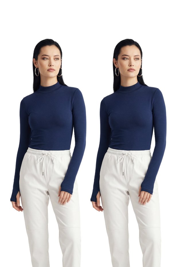 Women's 2-Piece Indigo Finger Detail Semi-Turtleneck Blouse Opportunity Package