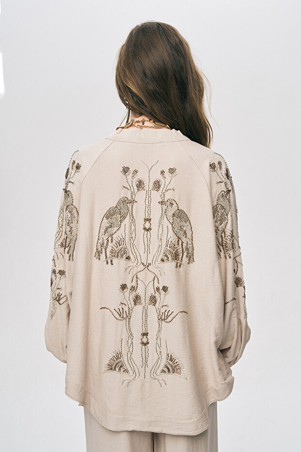 Women's Bird and Floral Beaded Embroidered Oversized Kimono