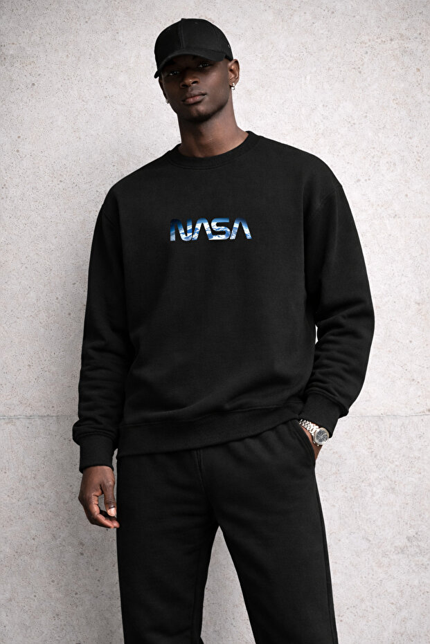 Men's Black Nasa Printed Tracksuit Set – Crew Neck Sweatshirt Jogger Bottom Casual Sports Set