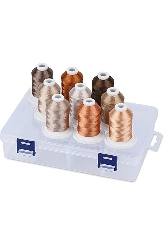Embroidery Thread Set 9 Spools - 730 m, Multicolor, Storage Box, Brown Tones - 1
