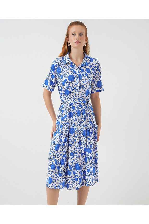 Women's Short Sleeve Patterned Dress 2560 - Cobalt Blue