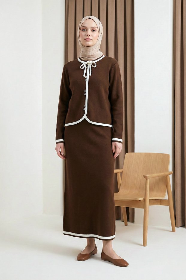 Buttoned Cardigan Skirt Knitwear Set - Brown - Brown