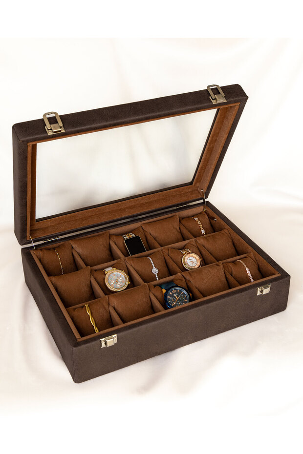 15-Piece Watch Box, Brown Nubuck Fabric Covered, Custom Production, Handmade Accessory Organizer