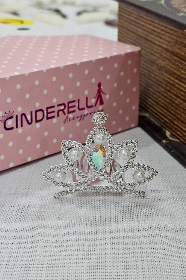 Minimal Pearl and Zircon Stone Baby Girl Birthday Crown Silver - Wedding Princess Hair Bun Clip