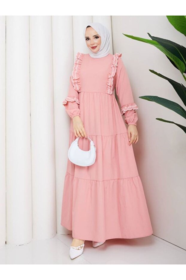 Poplin ruffle and embroidery detail modest dress
