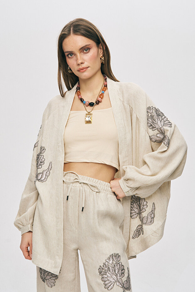 Women's Flora Natur Embroidered Wide Cut Oversize Kimono