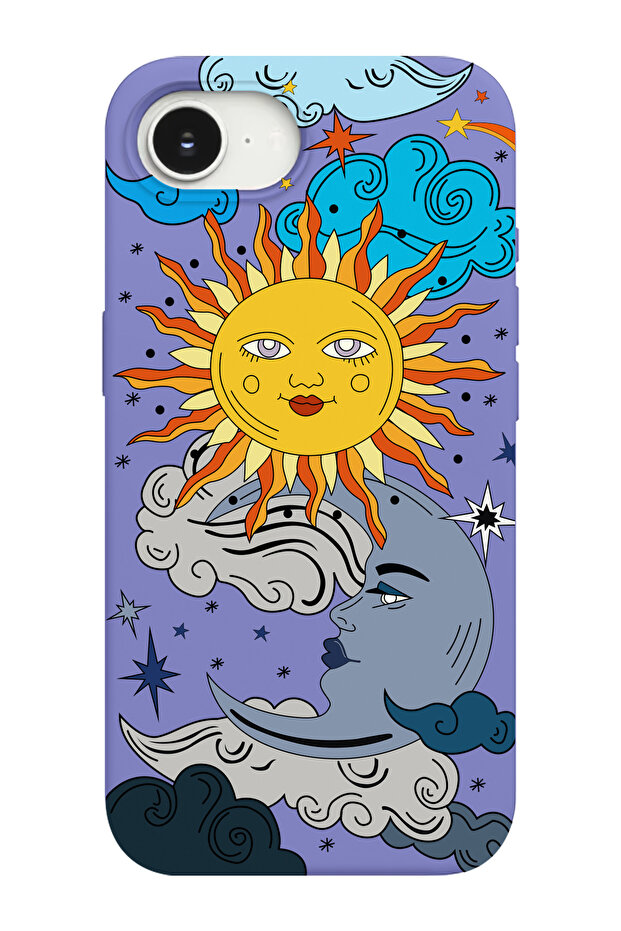 غطاء هاتف متوافق مع آيفون 16E بنمط الشمس والقمر من الداخل مصنوع من الجلد المدبوغ - 1