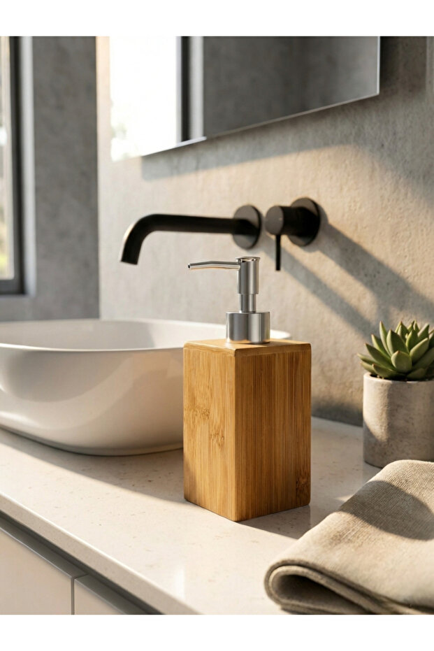 Bamboo Liquid Soap Dispenser Modern Wooden Design Stylish Soap Dispenser for Bathroom & Kitchen Silver