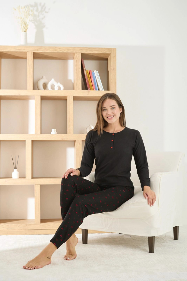 Women's Waffle Fabric Heart Patterned Buttoned Collar Black Pajama Set