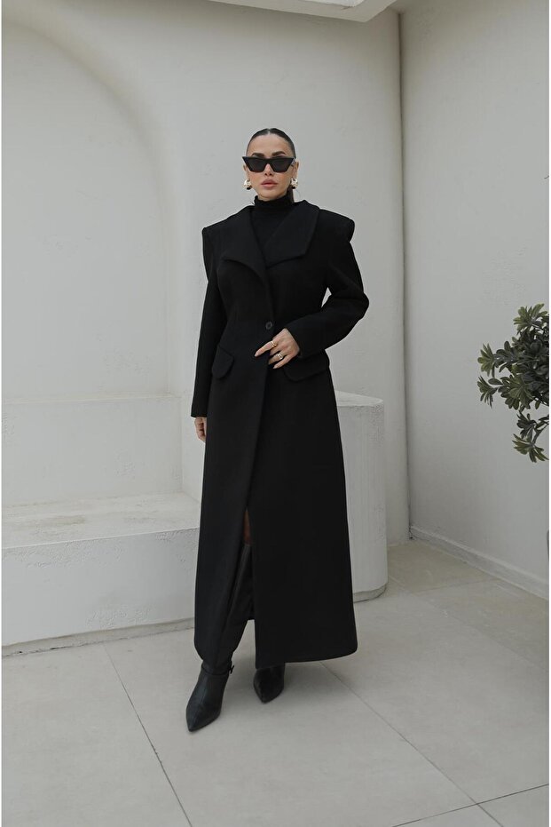 Black Single Button Stamp Coat - 3