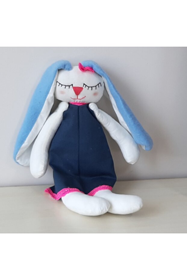 Plush Toy Hand-Stitched Sleeping Rabbit in Navy Blue Dress