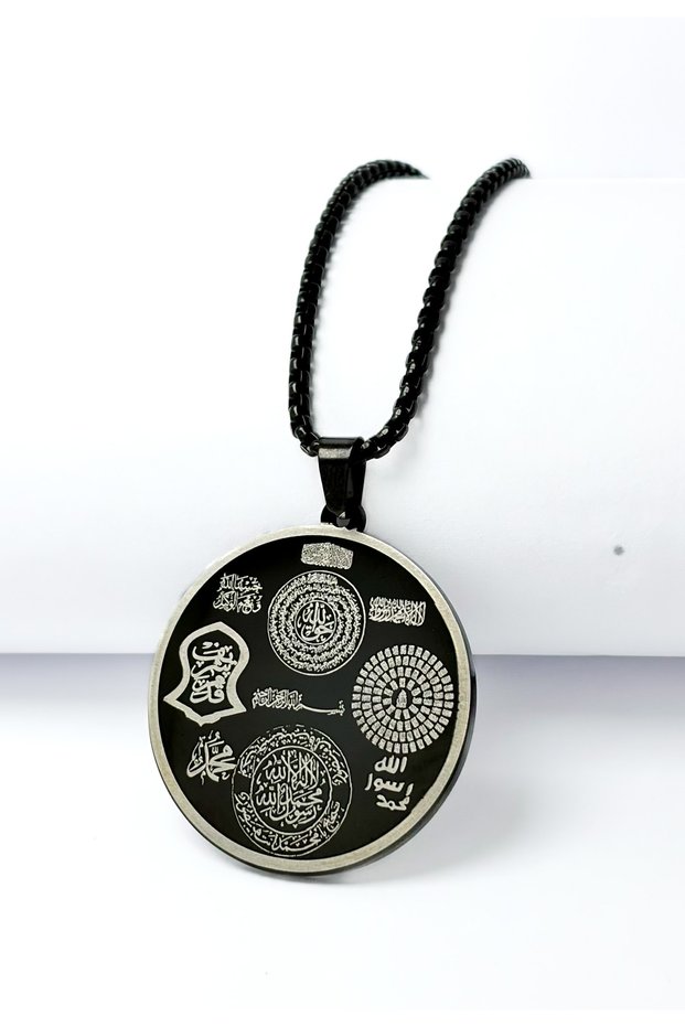 Black Chain Hilye-I Şerif & Ayetel Kürsi Thick Chain 316L 60 cm Stainless Steel Necklace