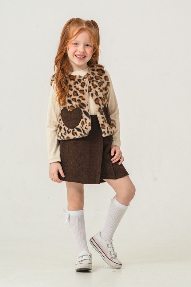 My Little One's Leopard Fur Heart Detailed Girls' 2-Piece Set - Brown
