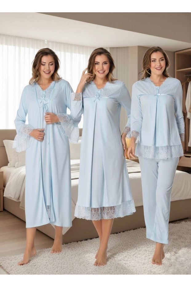 Women's Blue Cotton Lace Long Sleeve Design Effort Maternity Nightgown Pajama Set