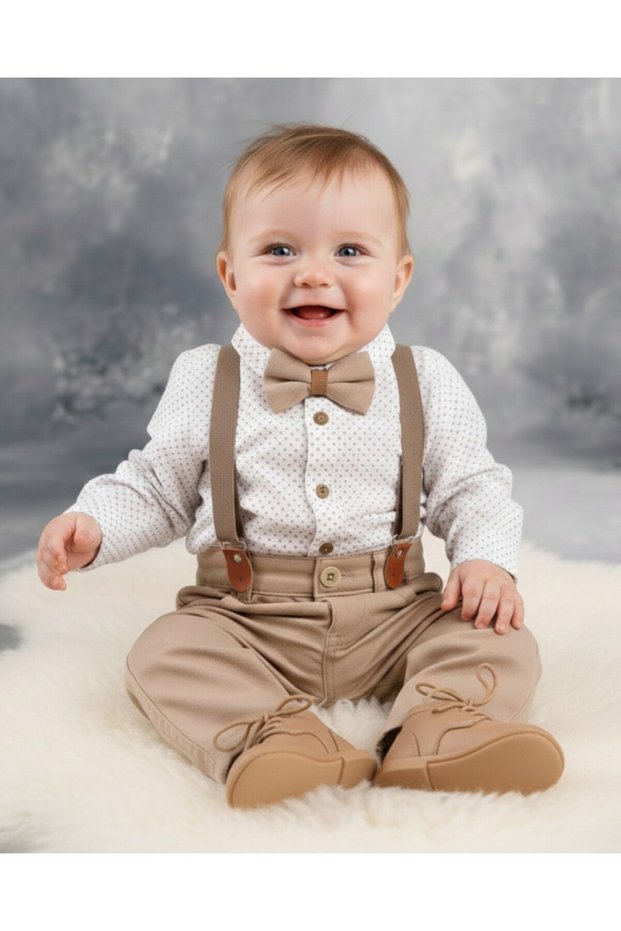 Baby Boy Bow Tie Shirt Linen Trousers Hanging Holiday Top and Bottom Baby Set
