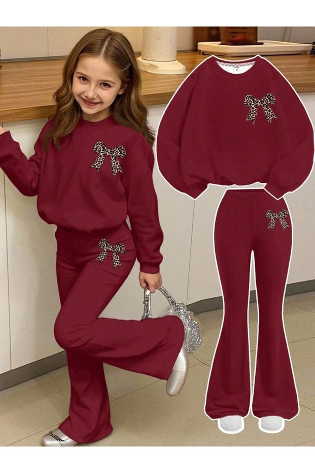 Ribbon Printed Girls' Top and Bottom Set Spanish Style Burgundy