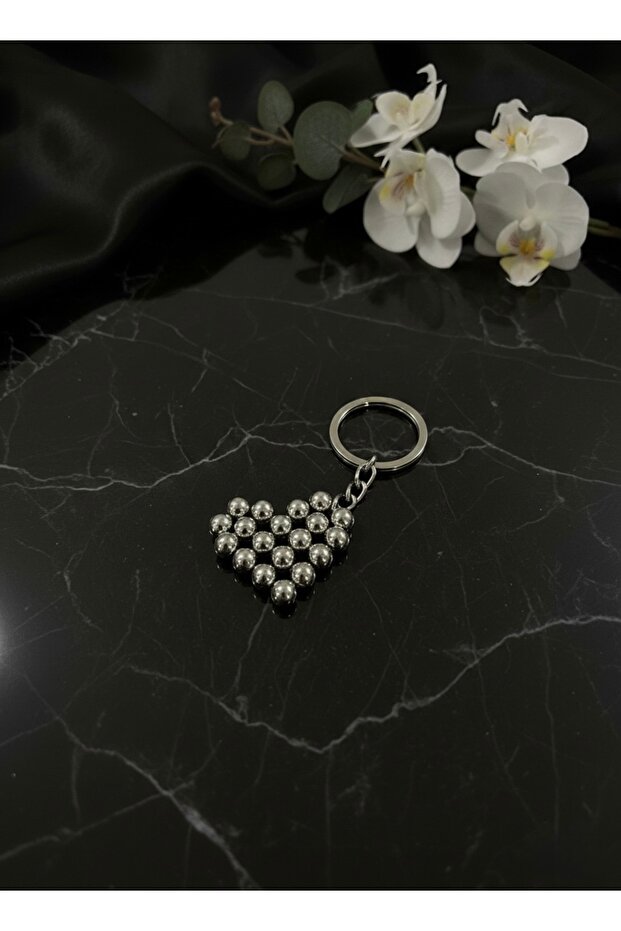Silver Pearl Heart Keychain
