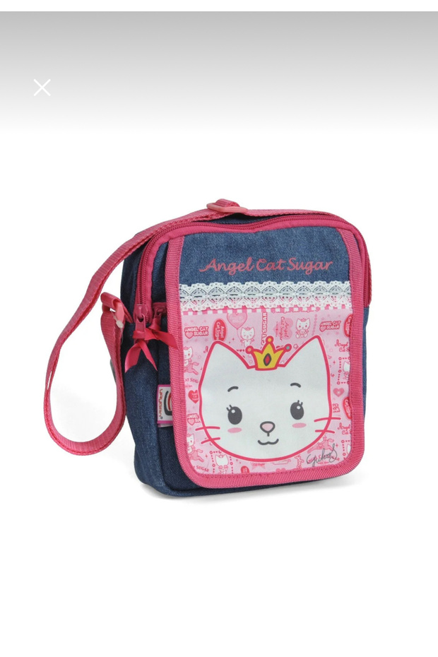 Pink Denim Angel Cat Sugar Cat Figured Children's Shoulder Bag with Strap