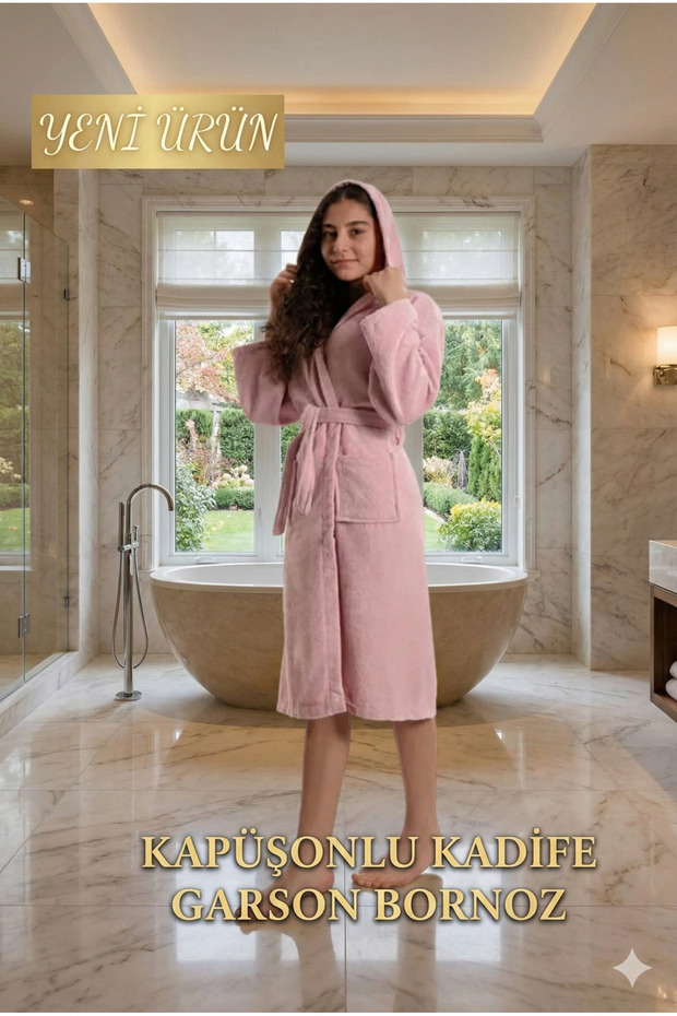 Hooded Young Waiter Unisex Velvet Cotton Bathrobe with Pockets