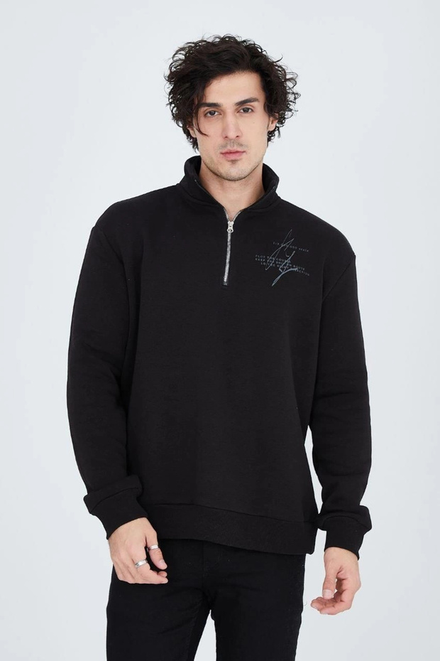Men's Half Zipper Printed Three-Thread Cotton Pack Sweatshirt - Black - 7