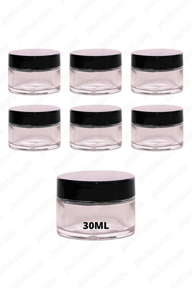 30ml Clear Glass Cream Jar with Black Lid, Set of 6