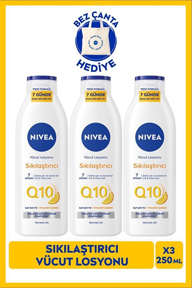 NIVEA Q10 7 Günde Sıkılaştırıcı Vücut Losyonu 250ml, C Vitamini, Nemlendirici, Bez Çanta Hediye, X3 Adet