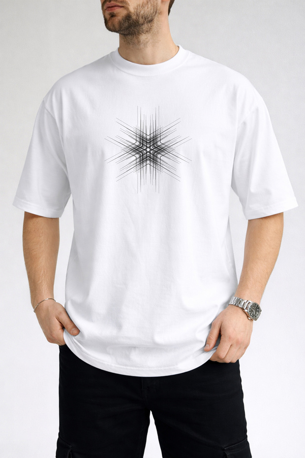 Men's Geometric Starburst Crew Neck White T-Shirt