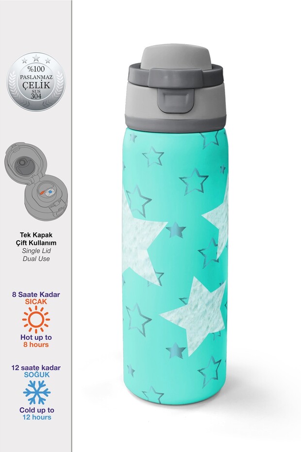 Turquoise Star Patterned Thermos with Straw and Direct Drinking Steel Thermos 800 ml 38593