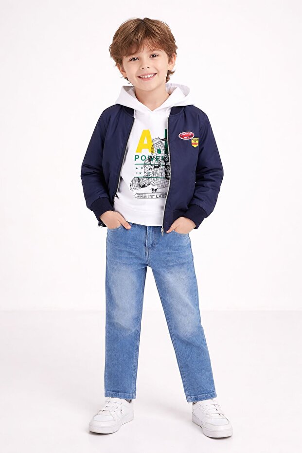 Navy Blue Embroidered Jacket and Jean Trousers Boys' Hooded 3-Piece Set 23525