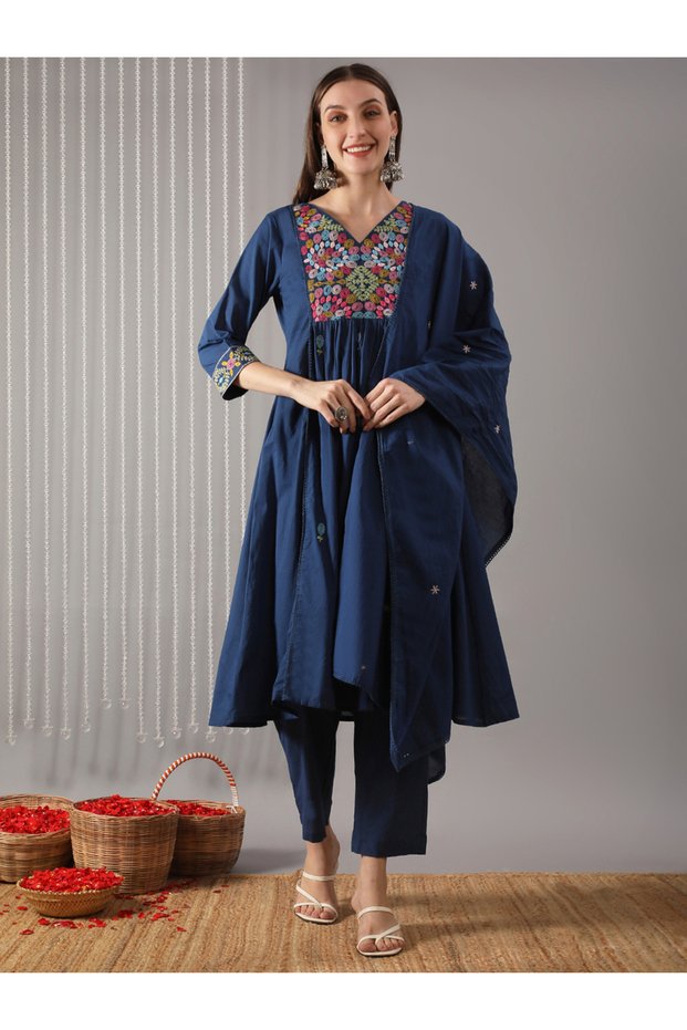 Women Navy Blue Floral Embroidered Kurta with Pant and Dupatta Set