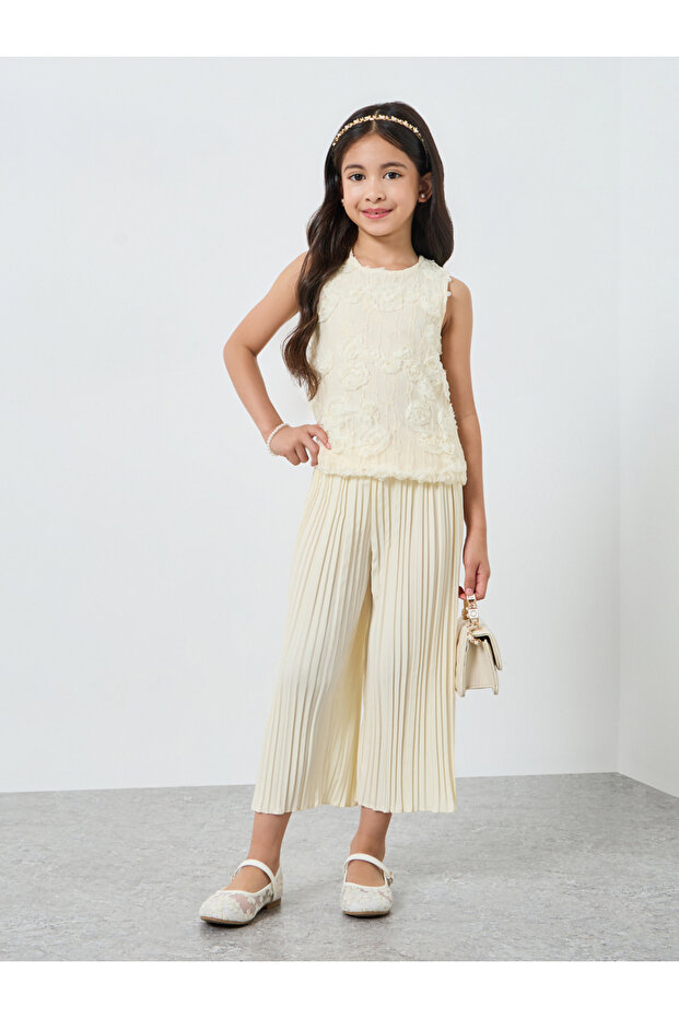 Girls White Embellished Top and Pleated Trousers Set