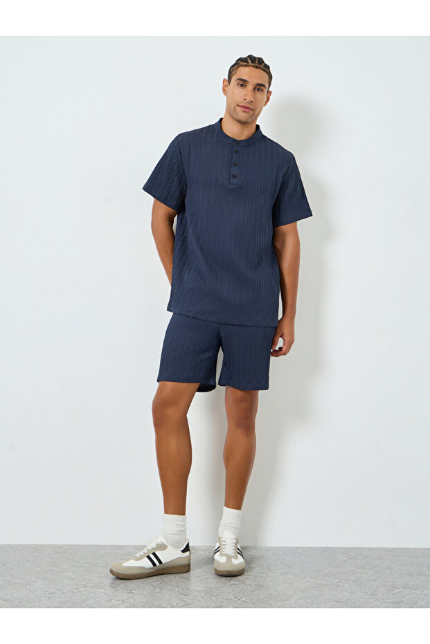 Men Navy Blue Textured T-Shirt and Shorts Co-Ords