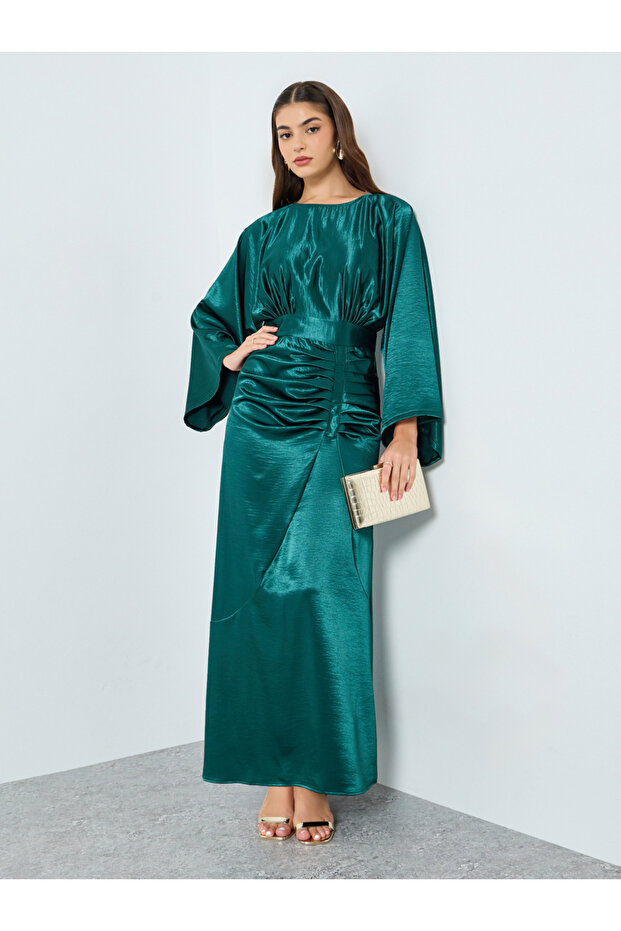 Women Teal Long Sleeves A-Line Maxi Dress