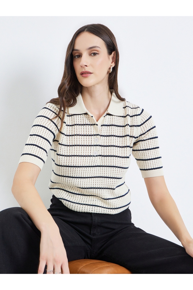 Women Striped Flat Knit 100% Cotton Polo T-Shirt