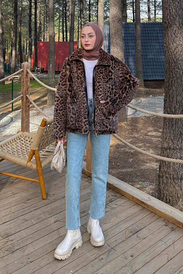 Leopard Pattern Coat Camel - 1