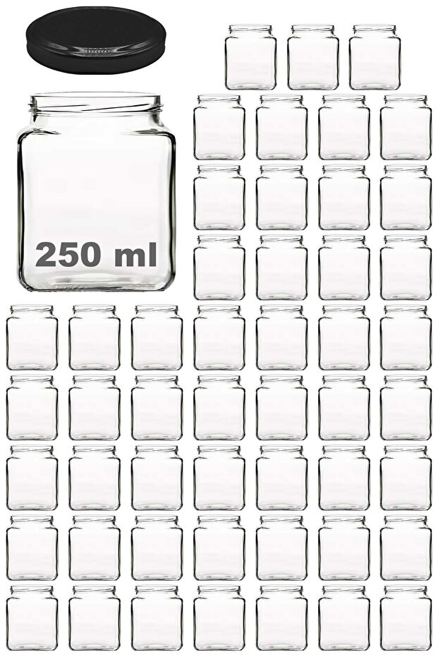 Transparent Square Jar 250ml, Black Lid, Set of 50 Pieces
