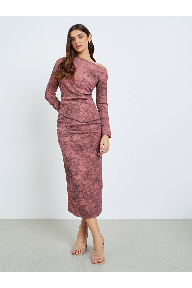 Women Maroon One Shoulder Bodycon Midi Dress