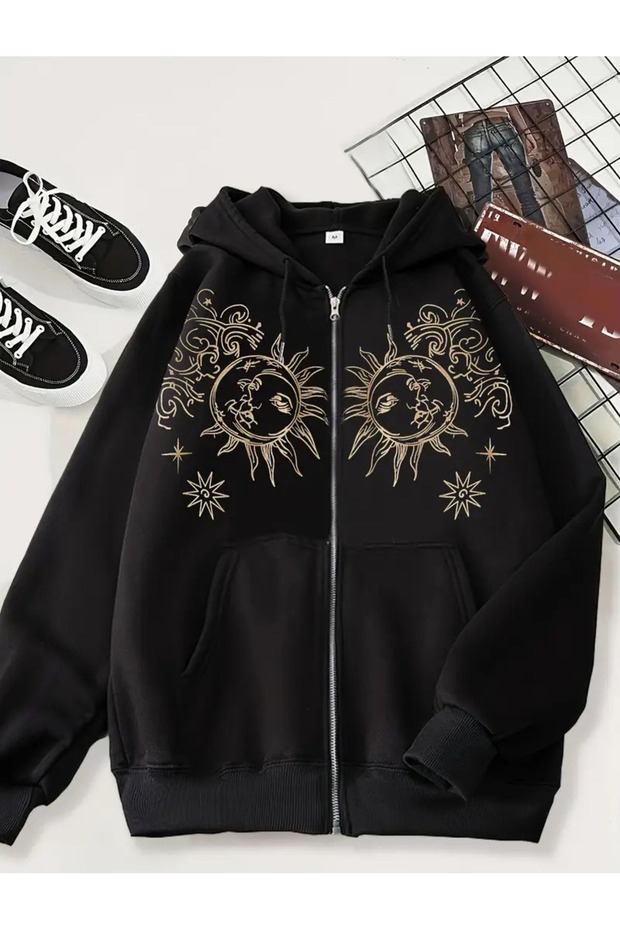 Paylaş Gothic Printed Oversize Zippered Black Unisex Hooded Cardigan