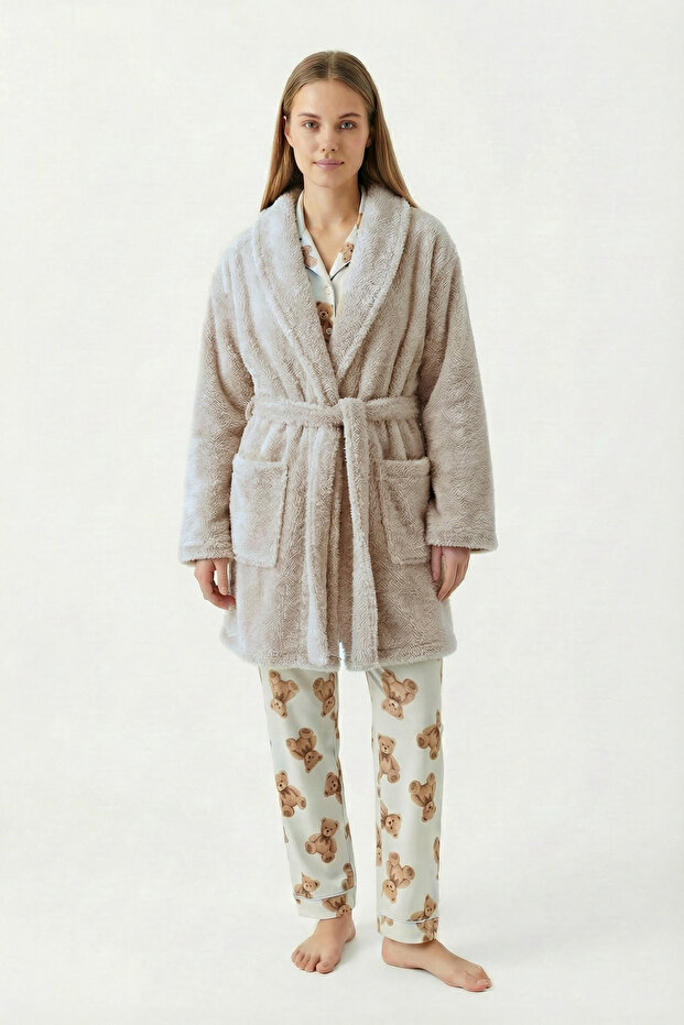 Shawl Collar Wellsoft Dressing Gown & Plush Bathrobe-Soft, Fleece Unisex Dressing Gown-Beige