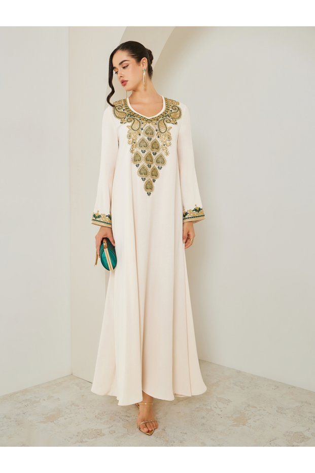 Women Cream Jalabiya with Gold Embroidery