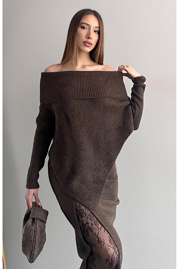 Brown Boat Neck Asymmetric Sweater - 251193