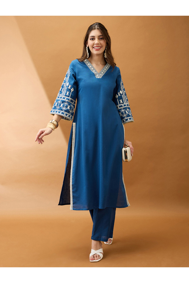 Women Blue Bell Sleeves Embroidered Kurta with Pant Set