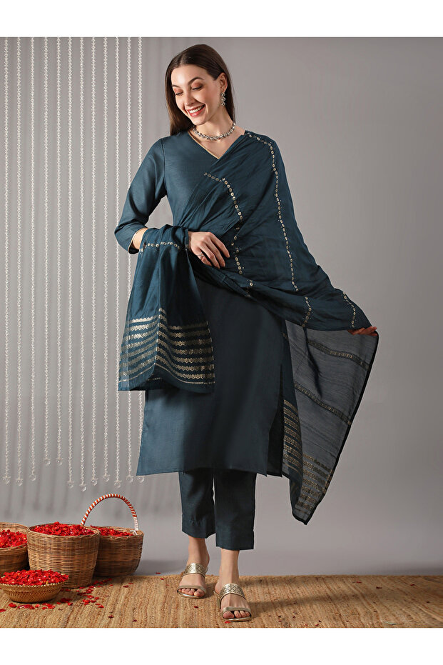 Women Teal Woven Straight Kurta with Pant and Matching Dupatta Set