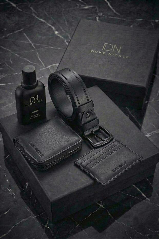 محفظة رجالية بحزام أسود وحامل بطاقات مع علبة عطر، طقم هدايا