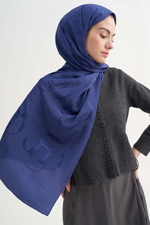 Aura Desen Rina Floş Jacquard Shawl Navy Blue