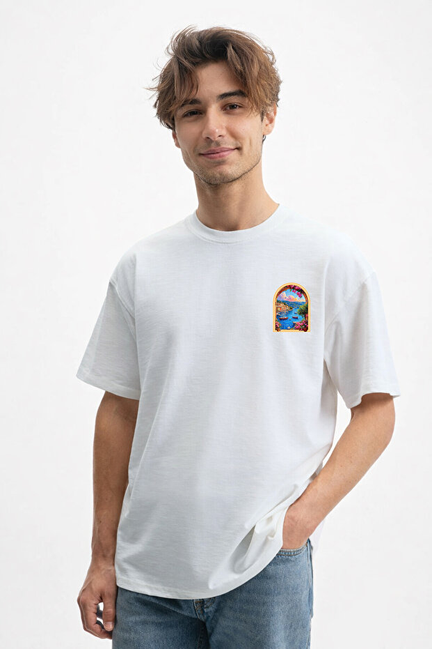 Men's Mediterranean Port Design 100 Face Cotton White T-Shirt